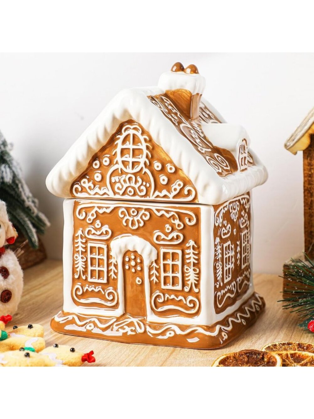 Festive Gingerbread House Cookie Jar with Lid - 9.25 Inch Holiday Decor